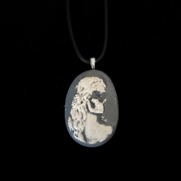 Handmade Ceramic Grey Skull Cameo Pendant Necklace - Picture 8 of 15